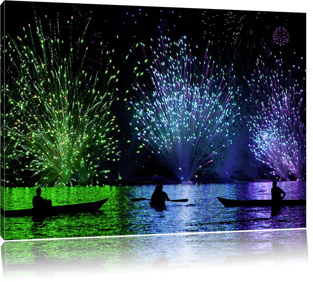 Feuerwerk auf dem Wasser, Format: 100x70 auf Leinwand, XXL riesige Bilder fertig gerahmt mit Keilrah