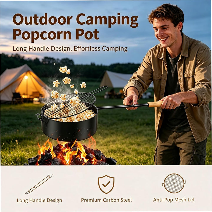 Popcorn Maker Lagerfeuer, Outdoor Popcornpfanne für Lagerfeuer &amp; Grill Popcorn Topf mit Deckel &amp; 50c