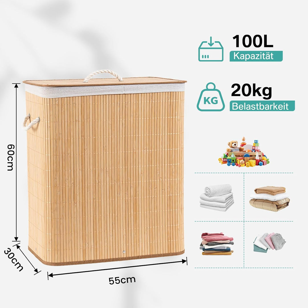 TONYBASKET 105L Bambus Wäschekorb 2 Fächern Wäschesammler mit Deckel | 53x33x60cm Faltbarer Praktisc