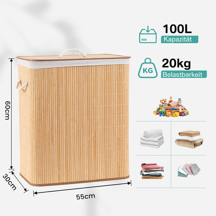 TONYBASKET 105L Bambus Wäschekorb 2 Fächern Wäschesammler mit Deckel | 53x33x60cm Faltbarer Praktisc