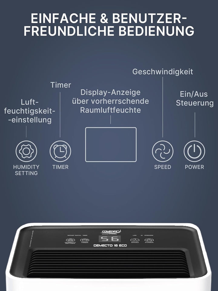 Comedes Demecto 16 eco WiFi - Leistungsstarker Luftentfeuchter (max. 16 Liter / 24h) Geeignet für Rä
