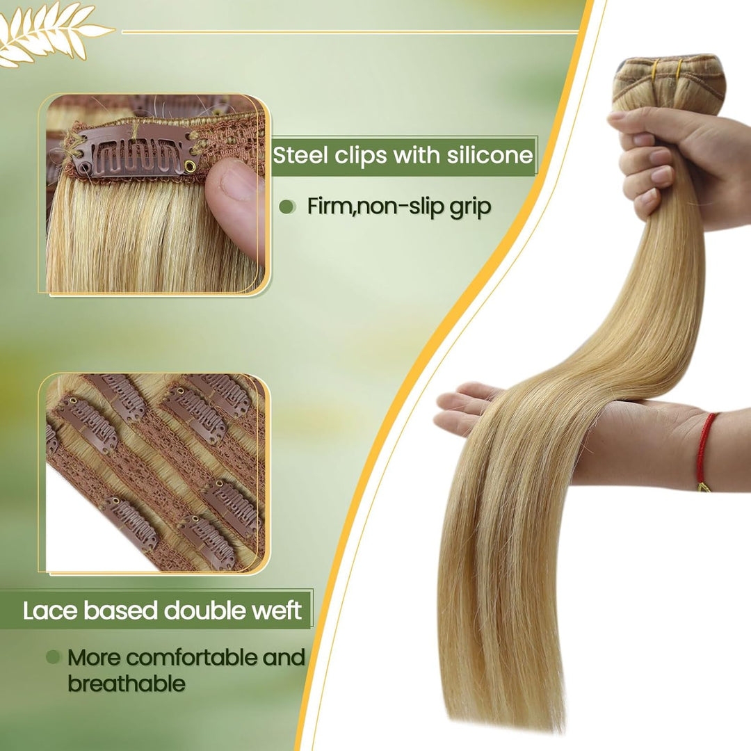 RUNATURE Clip Echthaar Extensions Gold Blond mit Hellblond Clip in Haarverlängerung Remy Echthaar Cl