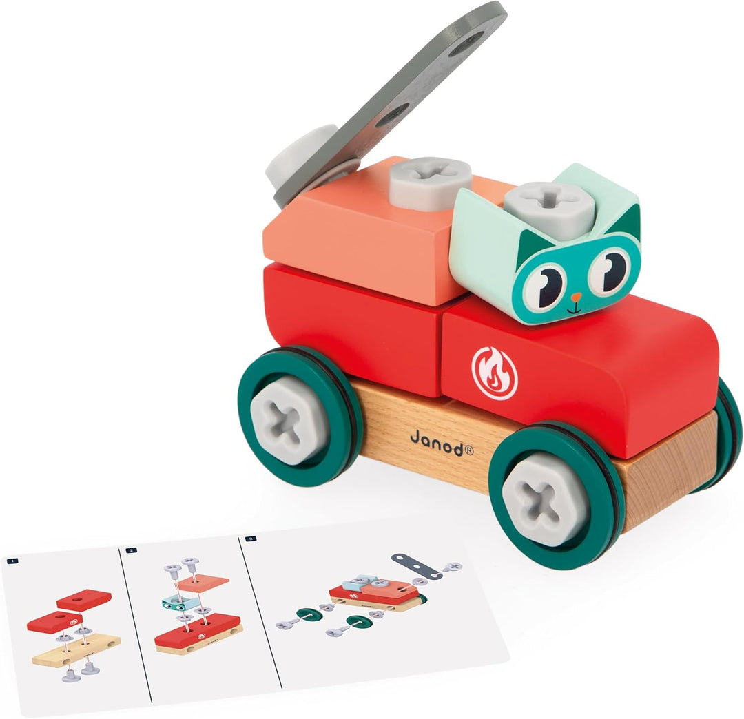 Janod - Mein erstes Konstruktionsspiel - Katzen-Bastelauto - 29 Elemente - Rollenspiel - Fördert Ges