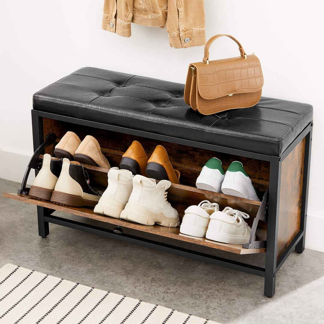 VASAGLE Schuhbank, gepolsterter Schuhorganizer mit Klappe, Schuhschrank für 6 Paar Schuhe, Stahlgest