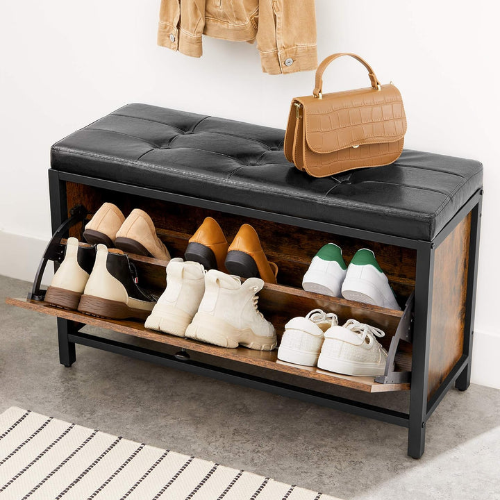 VASAGLE Schuhbank, gepolsterter Schuhorganizer mit Klappe, Schuhschrank für 6 Paar Schuhe, Stahlgest