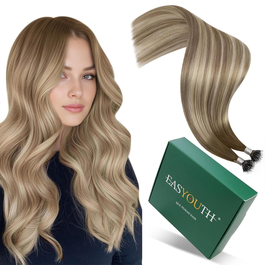Easyouth Extensions mit Nanoring Echthaar 14 Zoll 50 Stück 50g Farbe Dunkelbraun tu Aschbraun Mix Mi