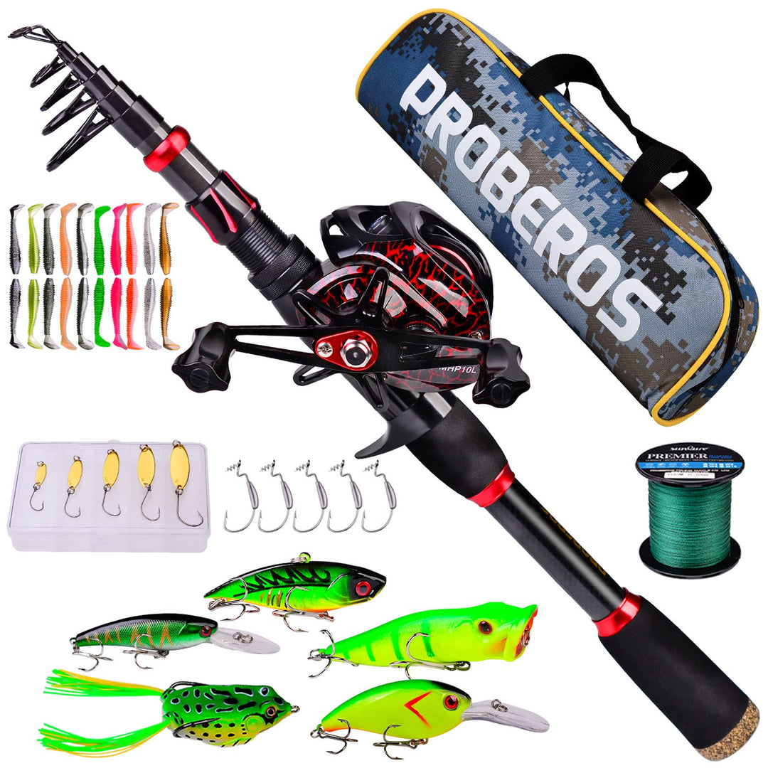 Angelrute und Rolle Combo, 2,1 m Kohlefaser Teleskop Angelrute mit Spinning/Baitcasting Reel Combos,