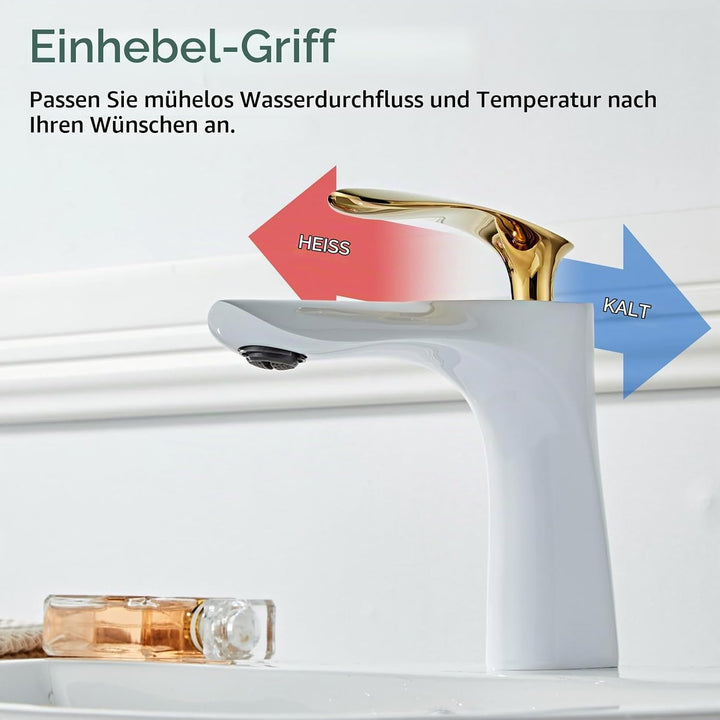 Leekayer Badezimmerarmatur weiss Gold Waschtischarmatur Einzelloch Deckmontage 1-Griff Waschbecken W