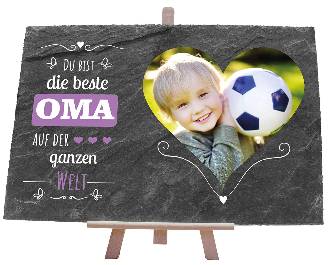 wandmotiv24 Schiefertafel Beste Oma, Mit Ihrem Farb-Foto im Herzformat Bedrucken Lassen inkl. Spruch