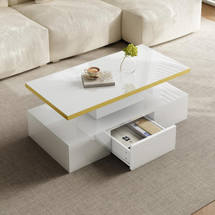 Merax Moderner LED Couchtisch, Wohnzimmertisch mit Schubladen, Beistelltisch mit Offener Stauraum un