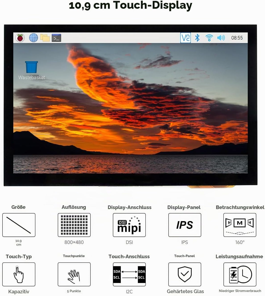 Waveshare 4.3inch LCD Capacitive Touch Display for Raspberry Pi 4B/3B+/3A+/3B/2B/B+/A+ 800×480 IPS W