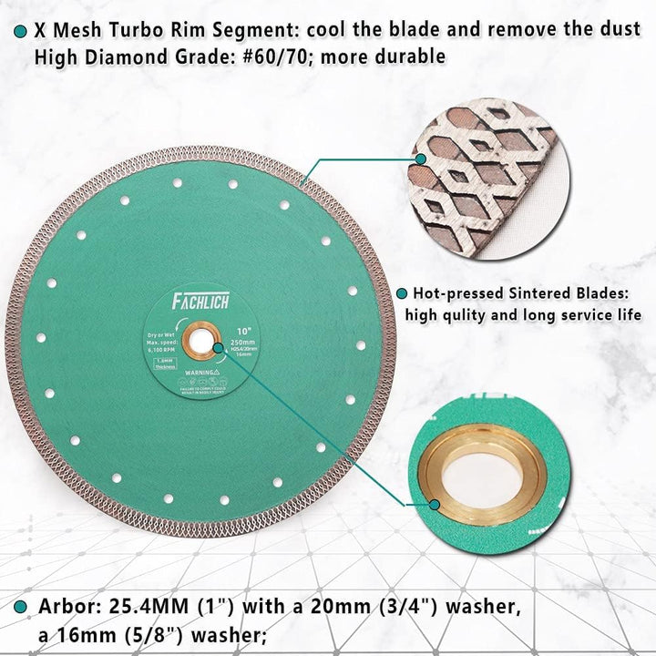 FACHLICH Diamant-Trennscheibe 250mm Turbo Mesh Diamantklinge mit X Felgensegment für Hart Keramik Po