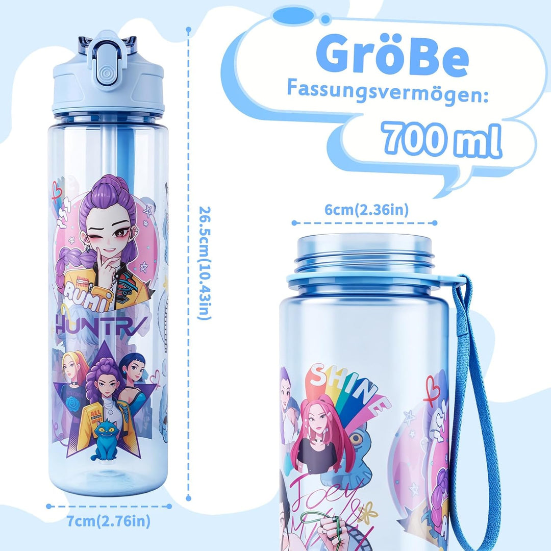Trinkflasche 700 ml, mit Strohhalm – auslaufsicher & BPA-frei – doppelseitiges Cartoon Motiv, bruchf