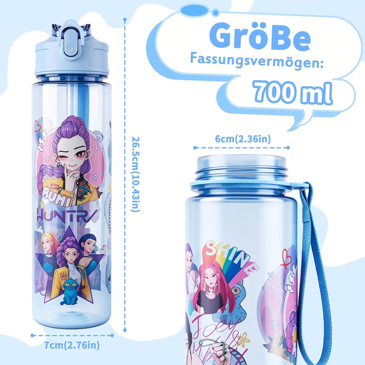 Trinkflasche 700 ml, mit Strohhalm – auslaufsicher & BPA-frei – doppelseitiges Cartoon Motiv, bruchf