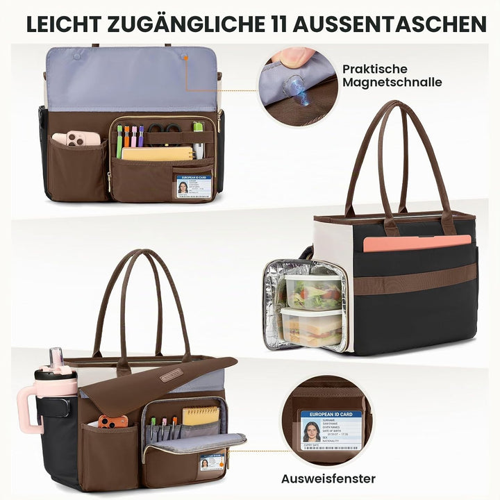 RAINSMORE Lehrertasche Damen mit Lunchfach 15,6 Zoll Laptoptasche Gross Isoliertes Fach Wasserdicht