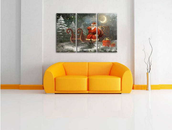 Pixxprint Weihnachtsmann mit Geschenken als Leinwandbild/Grösse: 3 Teilig (120x80 cm) / Wandbild/Kun