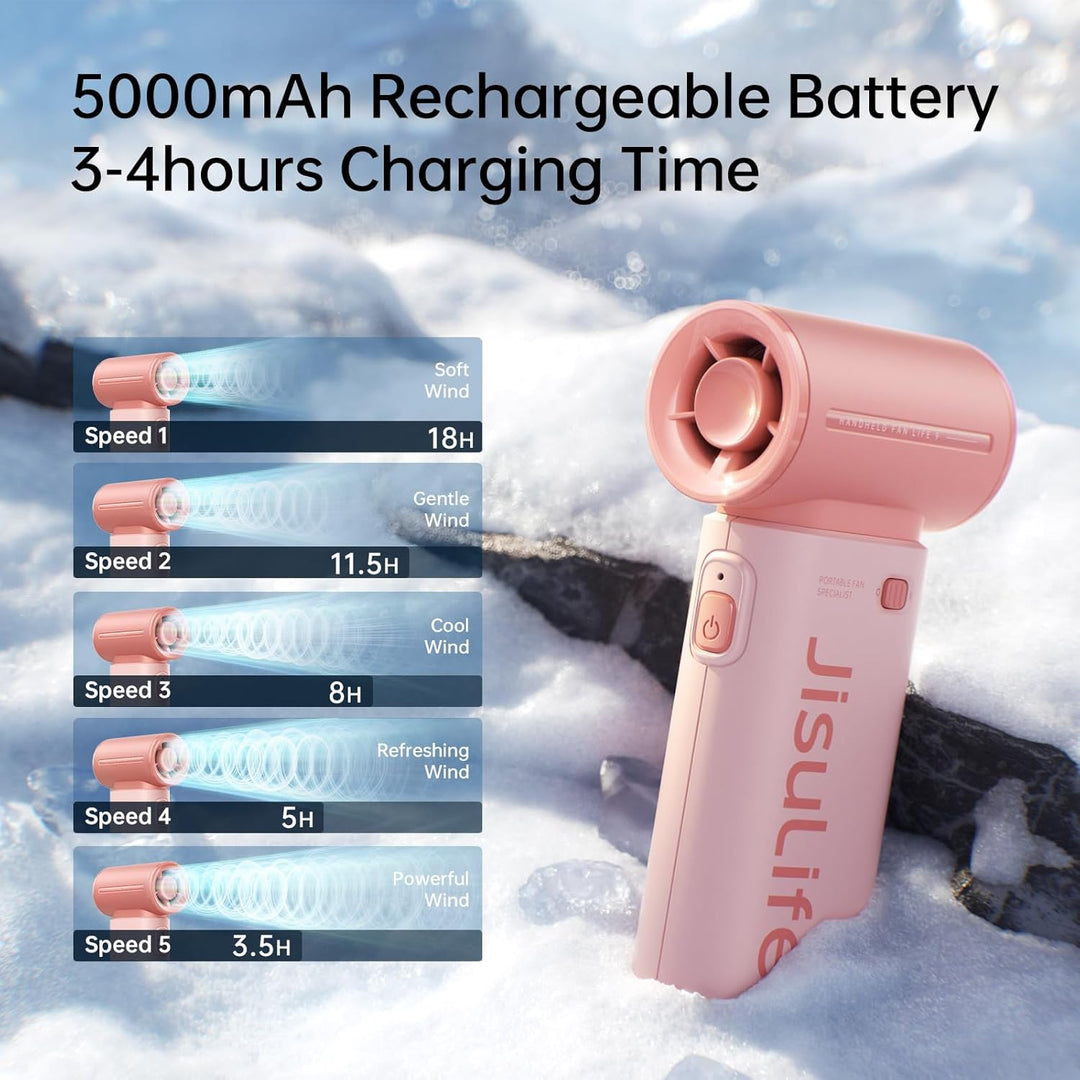 JISULIFE Tragbarer Handventilator, Turbo-Power [18 Stunden Maximale], 5-Gang-Wind, 5000 mAh wiederau