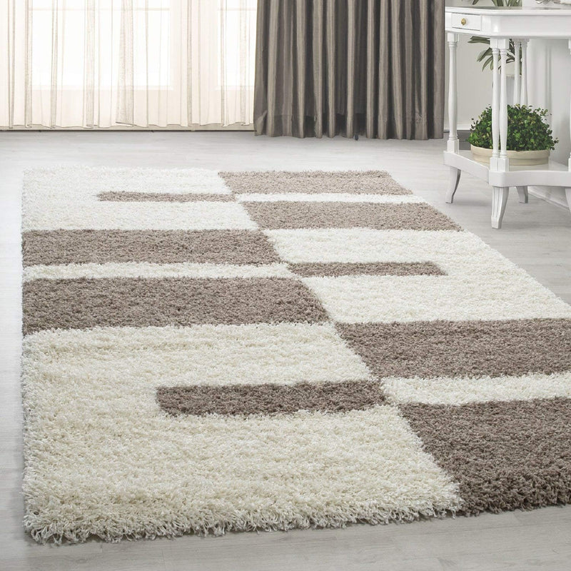 HomebyHome Teppich Wohnzimmer und Schlafzimmer Shaggy Teppich Moderne Kariert Design Beige und Weiss