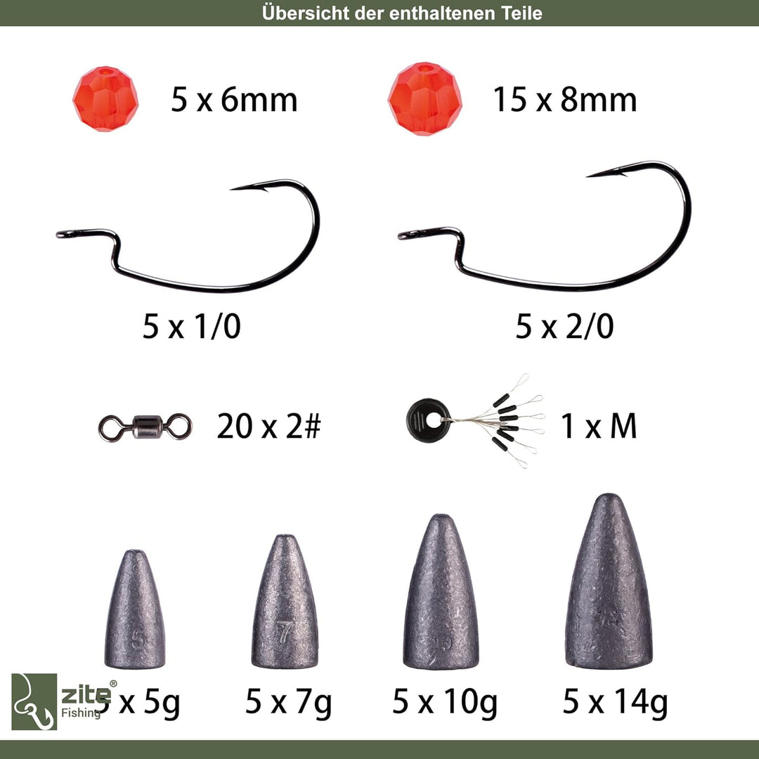 Zite Fishing Carolina/Texas Rig Set - Drop Shot Box mit Offset Haken Glasperlen Bullet Blei 5-14g -
