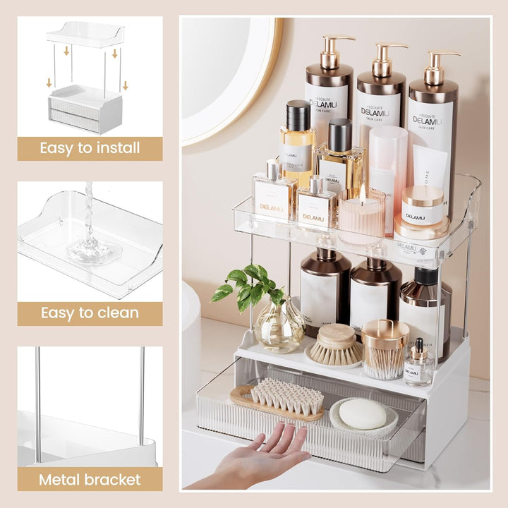 Delamu Make Up Organizer mit 2 Schubladen, 2 Etagen Kosmetik Organizer, Multifunktions Grösser Kosme