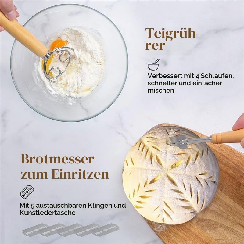 Gärkörbchen Sauerteig Brotbacken Set, Brotgärkorb -Set, Rundes Gärkörbchen, inkl. Teigschaber, Schne