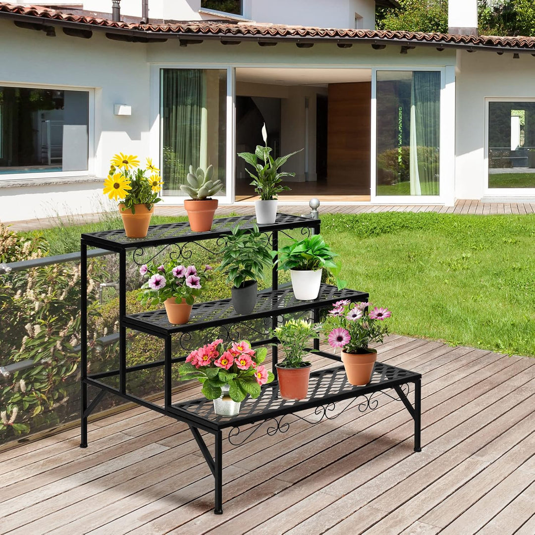 GOPLUS 3 Ebenen Metall Pflanzenständer, Blumentreppe Outdoor, Blumenregal Pflanzentreppe für Garten
