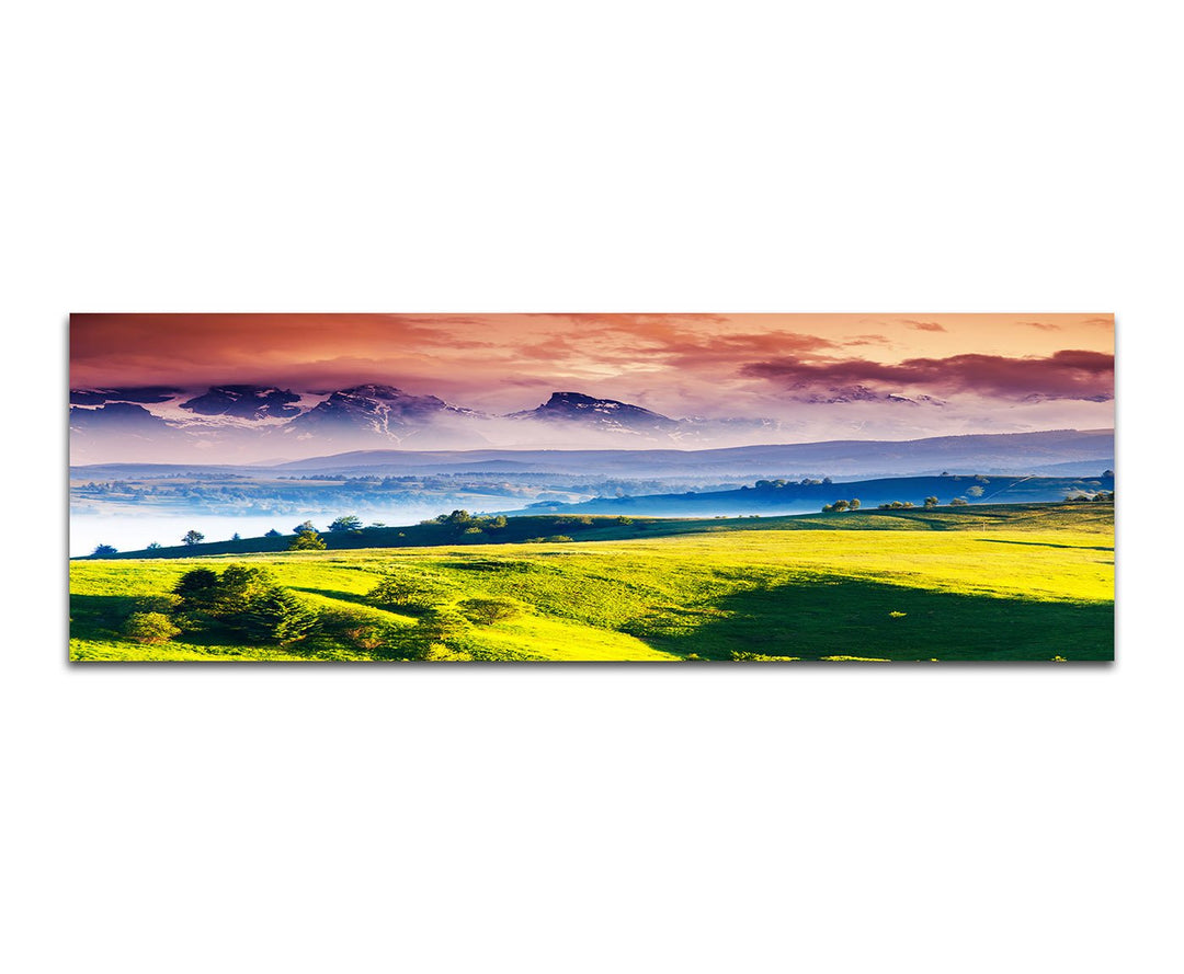 Paul Sinus Art Panoramabild auf Leinwand und Keilrahmen 150x50cm Alpen Gebirge Schnee Wiesen Wolken