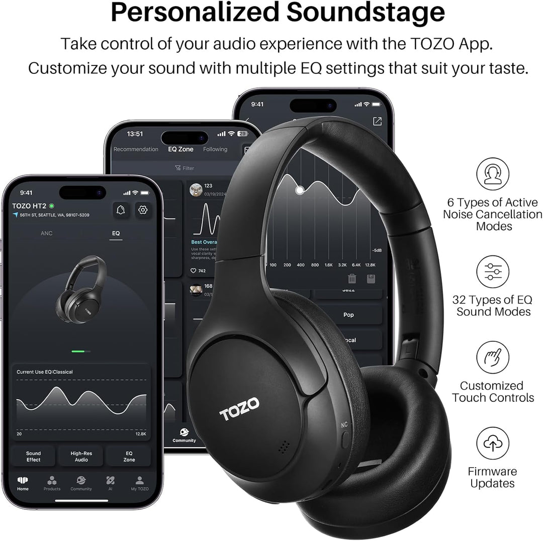 TOZO HT2 Kabelloser Bluetooth Kopfhörer Over-Ear mit Hybrid Active Noise Cancelling, 56 Stdn. Spielz