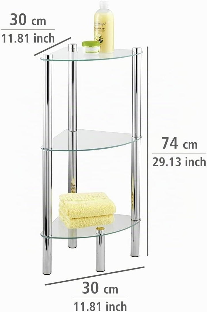 WENKO Eckregal Yago mit 3 Glasablagen - Badregal, Edelstahl rostfrei, 30 x 74 x 30 cm, Glänzend 3 Et