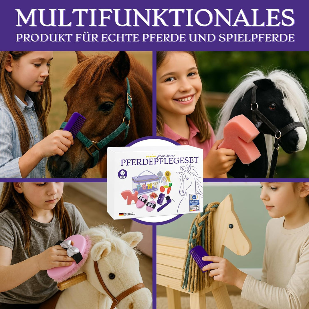 Hobby Horse Zubehör – Echtes Pferdepflegeset & Putztasche für Kinder – Mit Bürsten, Hufkratzer, Schl