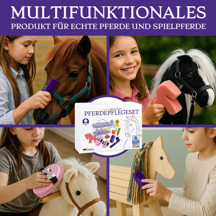 Hobby Horse Zubehör – Echtes Pferdepflegeset & Putztasche für Kinder – Mit Bürsten, Hufkratzer, Schl