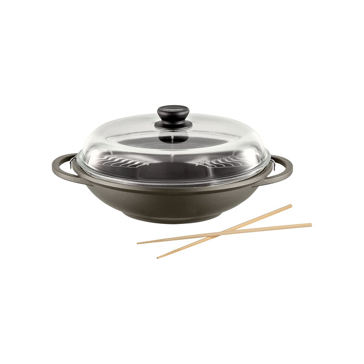 Berndes Classics Wok Bonanza 32 cm, Wokpfanne mit Glasdeckel und Stäbchen, 3-lagiger Antihaftversieg
