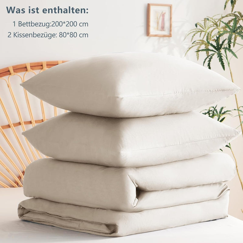 WAVVE Bettwäsche 200x200 3 teilig Beige - Bettbezug 200 x 200 Set mit Kissenbezüge 80x80 cm, Bettwäs