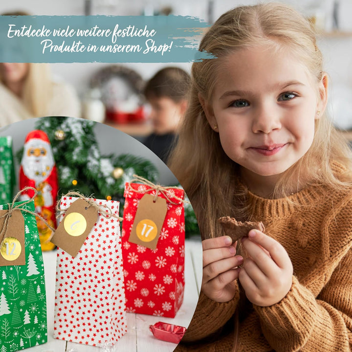 Papierdrachen Adventskalender zum Befüllen - 24 Bedruckte Geschenktüten und 24 Zahlenaufkleber und K