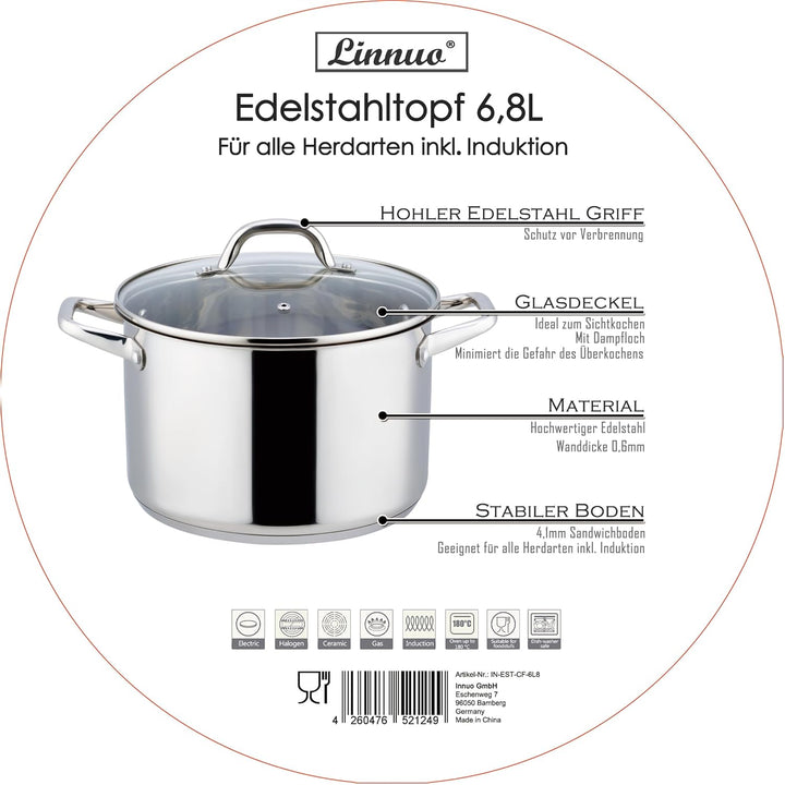 Linnuo Topf 6,8l mit Glasdeckel, Edelstahltopf, Griff Nicht heiss | Topf Induktion geeignet, Stabile