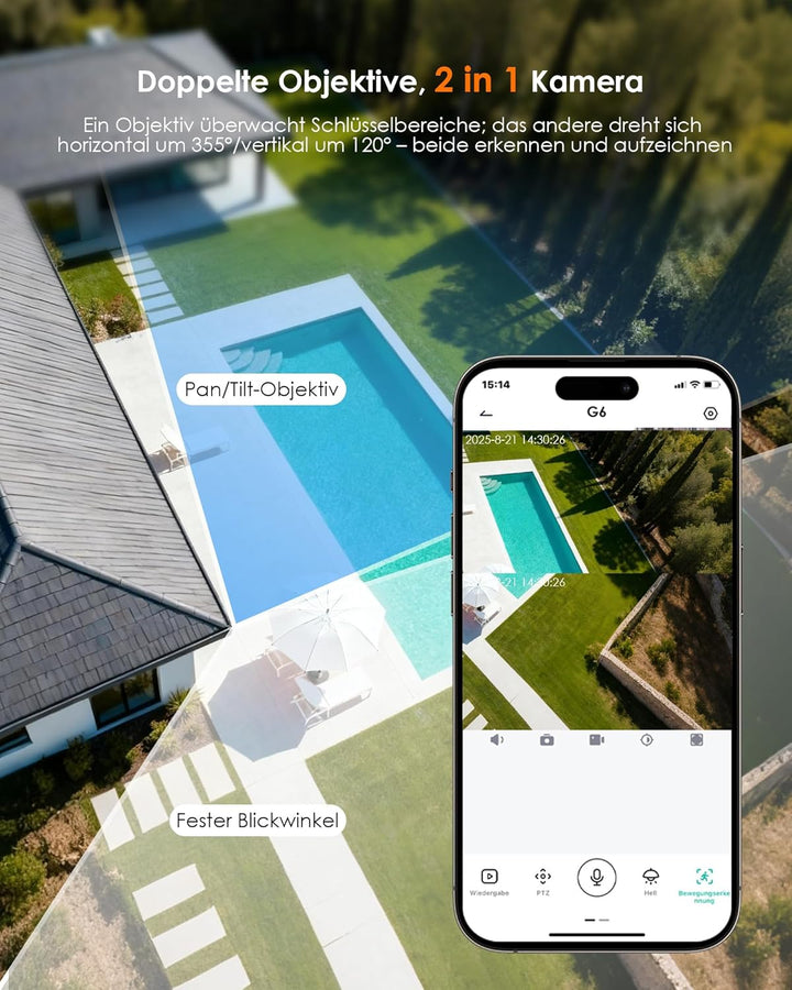 Überwachungskamera Aussen Solar, 4MP/2.4GHz WLAN Kamera Outdoor mit Dual Objektiv, Dual Bewegungsmel