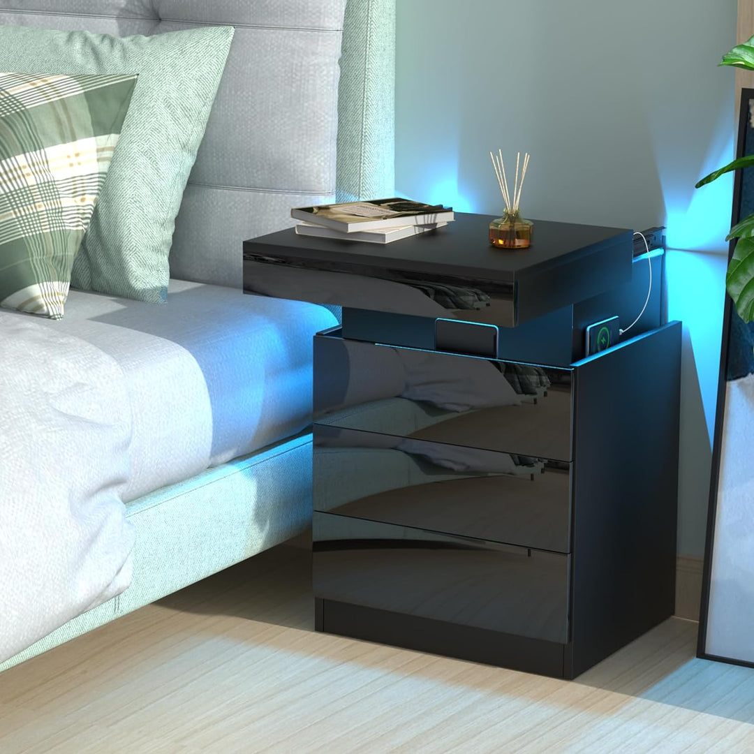 Lvhcmfohm Nachttisch mit Steckdose, Nachtschrank mit Led Licht, Nachtkommode mit 3 Schubladen und Ve
