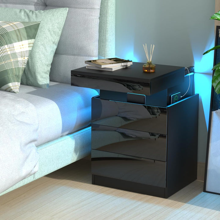 Lvhcmfohm Nachttisch Schwarz 2er Set, Nachtschrank mit Led Licht und Steckdose, Nachtkommode mit 3 S