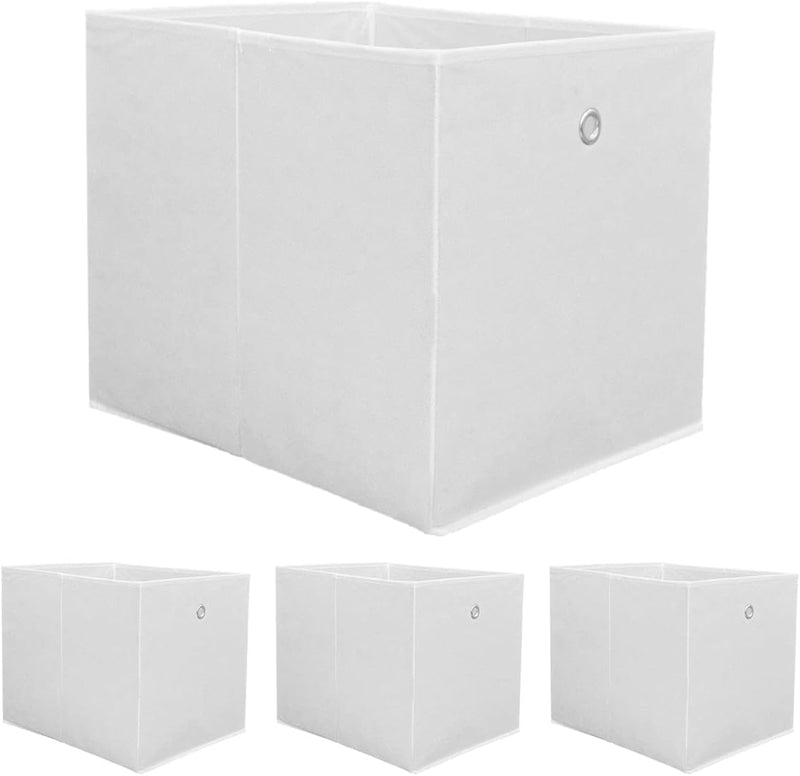 DuneDesign 4er Set Aufbewahrungsbox für Kallax Regal - 33x38x33 Stoff Box mit Öse - Faltbox Weiss We