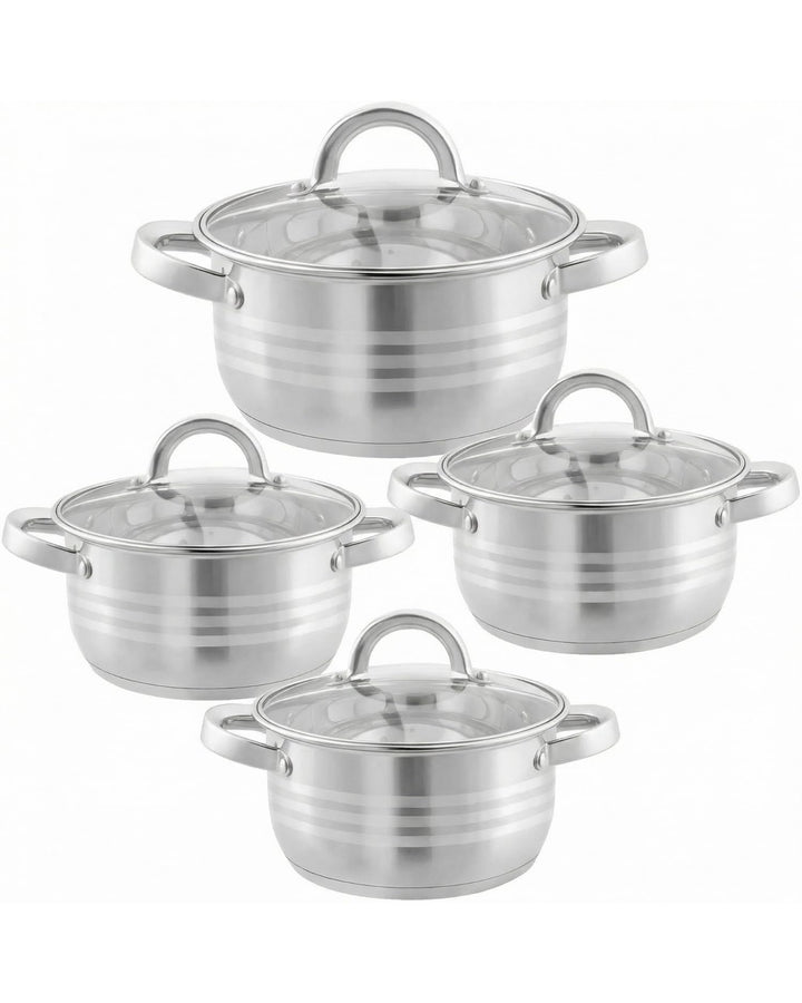 BAVARY Topfset, 8-teilig – 18/10 Edelstahl-Kochtopfset mit Glasdeckeln – Supercapsule-Boden – geeign