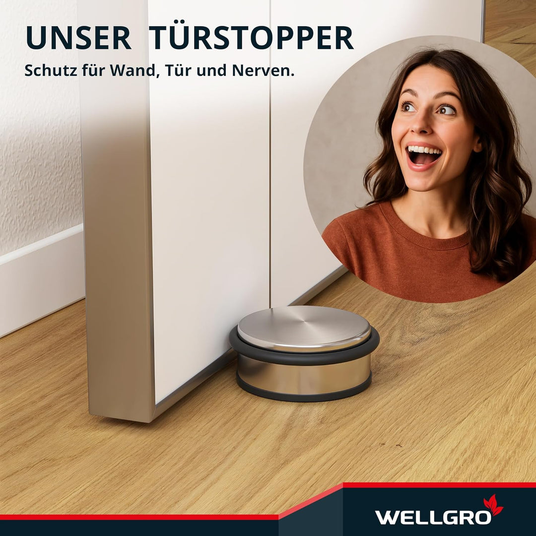 WELLGRO Edelstahl Türstopper 1,2 kg + Wand Türstopper, ohne Bohren, 10 x 4,5 cm (ØxH), rutschfester
