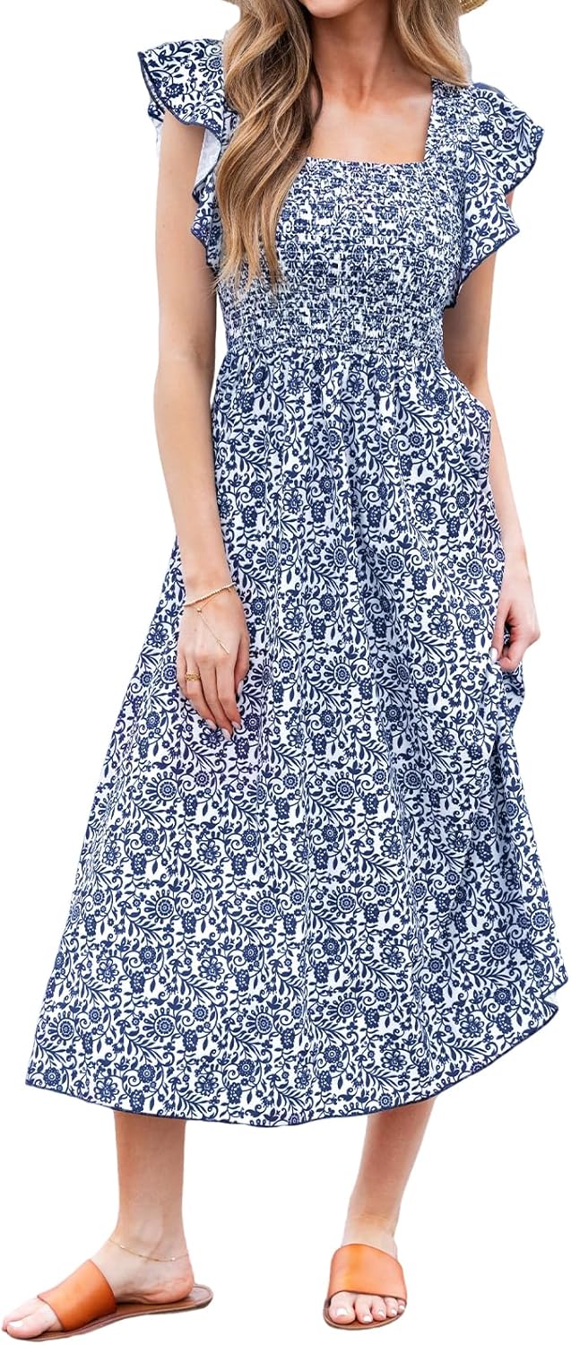 CUPSHE Damen Sommerkleid Quadratischer Ausschnitt Volantärmel Nadelstreifen A Linie Gesmoktes Maxikl