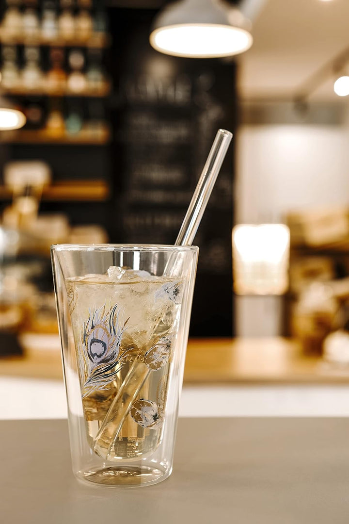 Montepreti Design Latte Macchiato Gläser Pfauenfeder, XXL 450ml, grosses doppelwandiges Borosilikatg