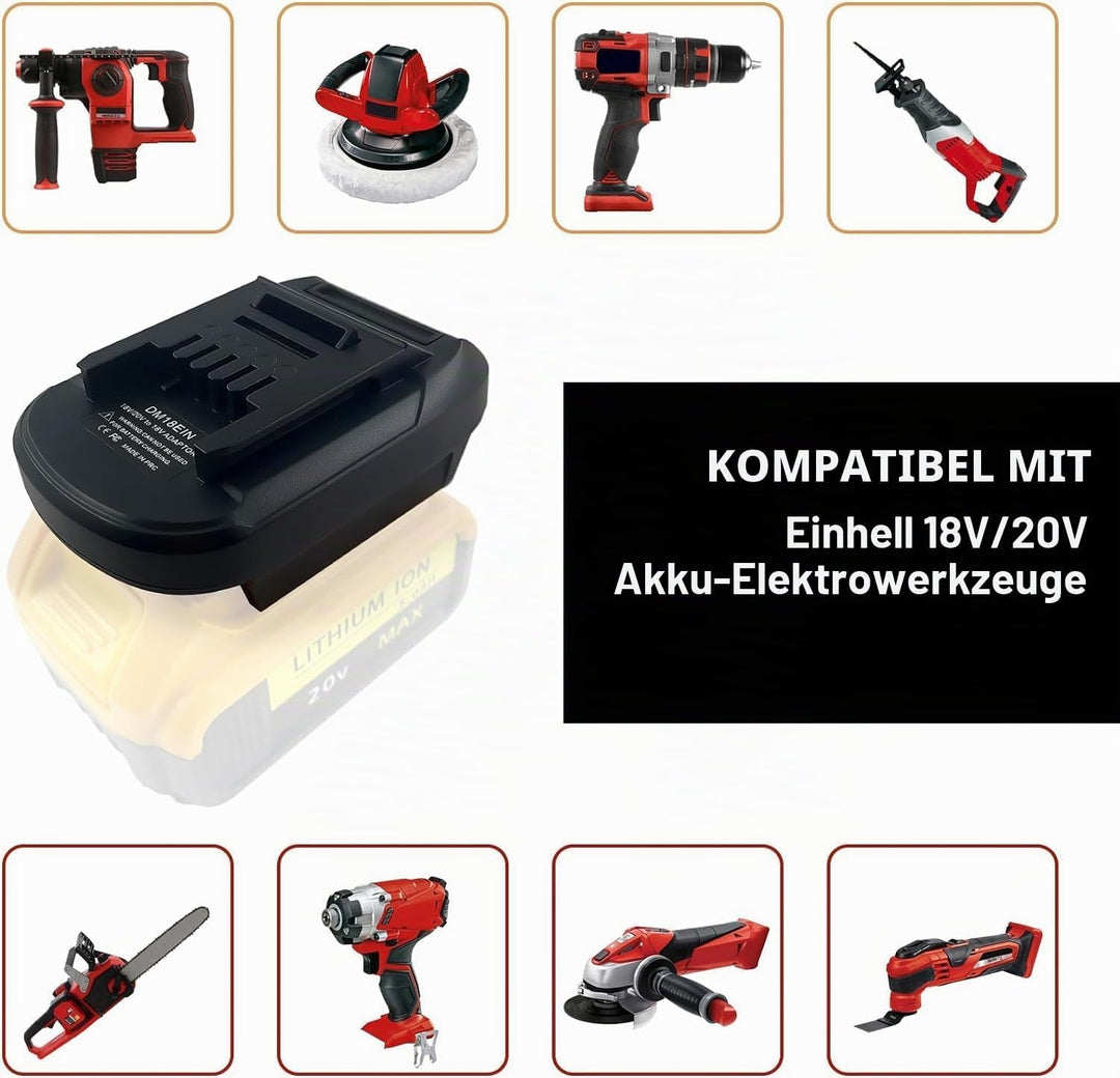 DM18EIN Batterieadapter für Einhell 18V, YUHDWRE Adapter-Konverter für Dewalt 20V &amp; für Milwaukee M1