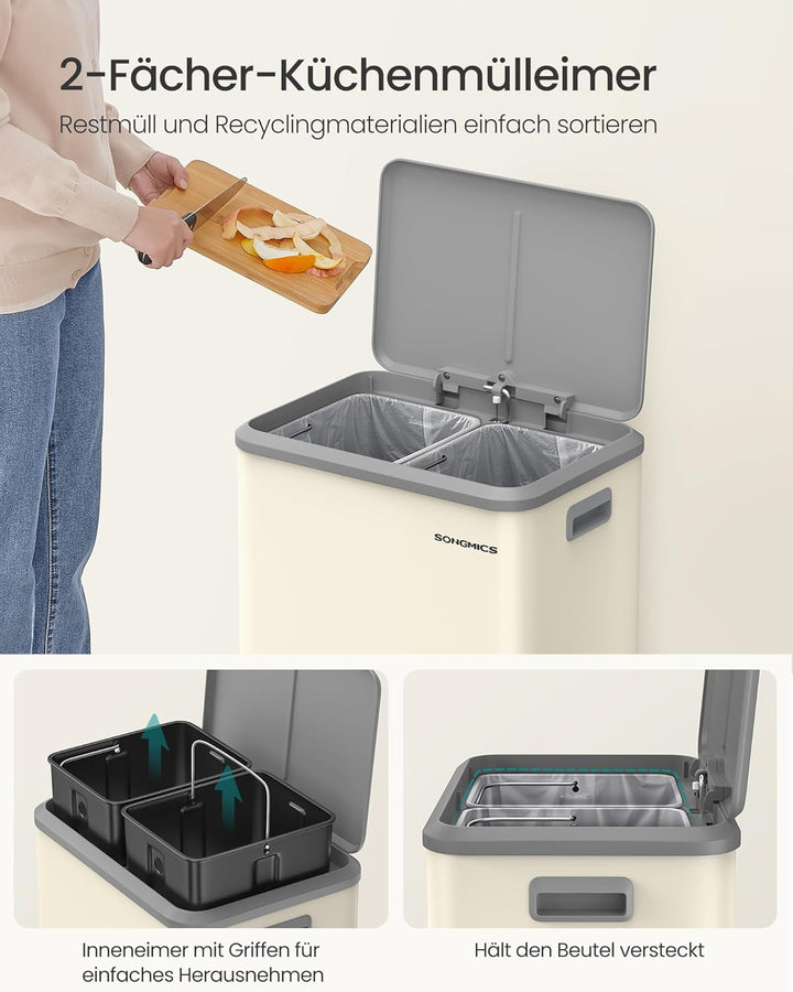SONGMICS Mülleimer Küche, Mülltrennsystem 2 x 15 L, 2 Fächer für Recycling und Restmüll, Abfalleimer