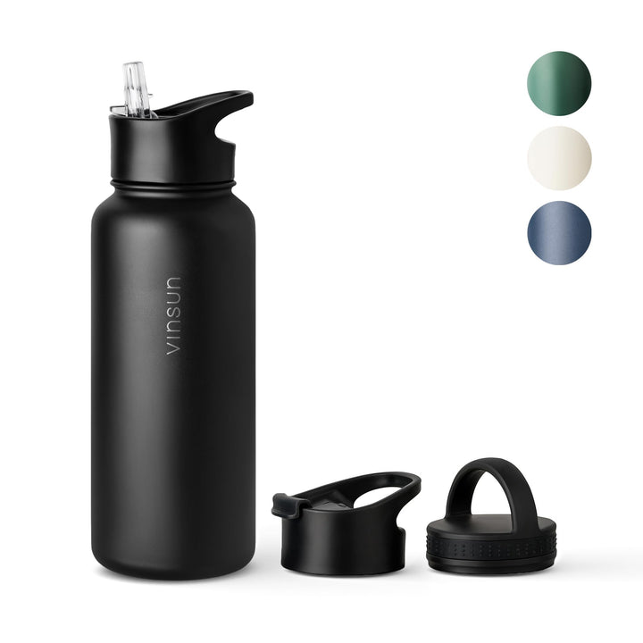 Vinsun Thermosflasche schwarz 1L - auslaufsicher, Kohlensäure geeignet, BPA frei - Strohhalm, Trinkö