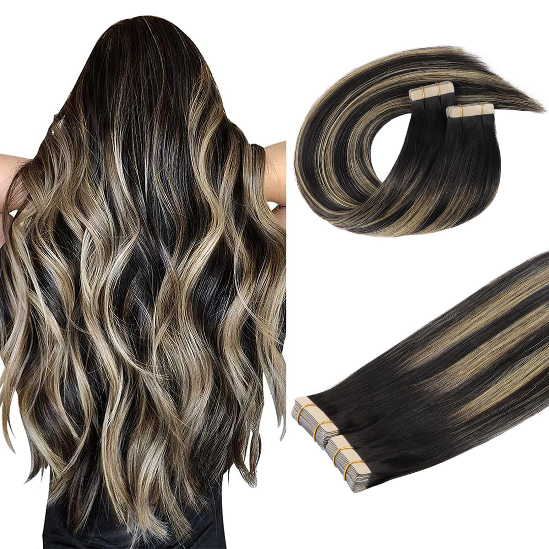 DOORES Extensions Echthaar Tape in, Balayage Natürliches Schwarz bis Hellblond 35cm (14zoll) 100g 40