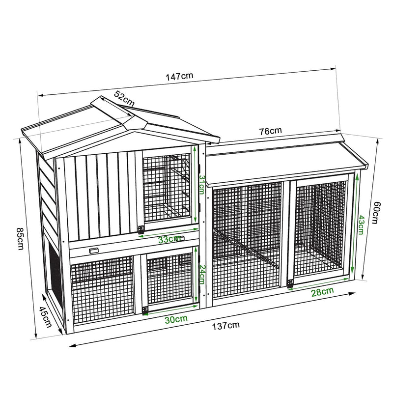 lionto Kaninchenstall aus Holz Kleintierhaus Nagerhaus Kleintierstall 147x52x85 cm