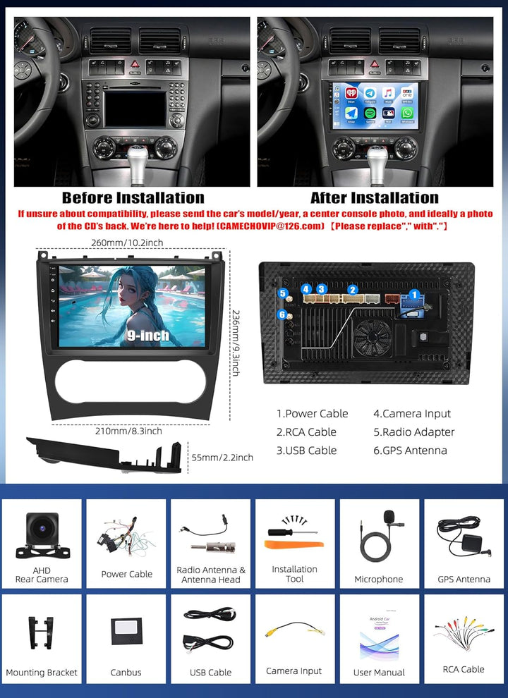 CAMECHO Qualcomm Android 15 Autoradio mit Navi für Mercedes Benz C Klasse W203 W209 C180 C200 2005-2