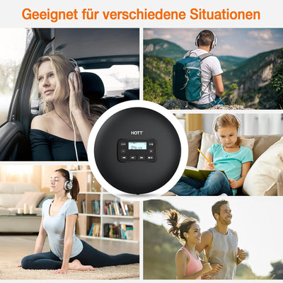 HOTT CD204 Tragbarer CD-Player für Reisen zu Hause und mit dem Auto mit Stereo-Kopfhörern und Anti-S